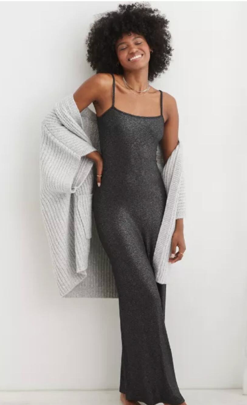 Aerie No Party Needed Maxi Dress Womens Medium Black Shimmer Slip Dress NWT